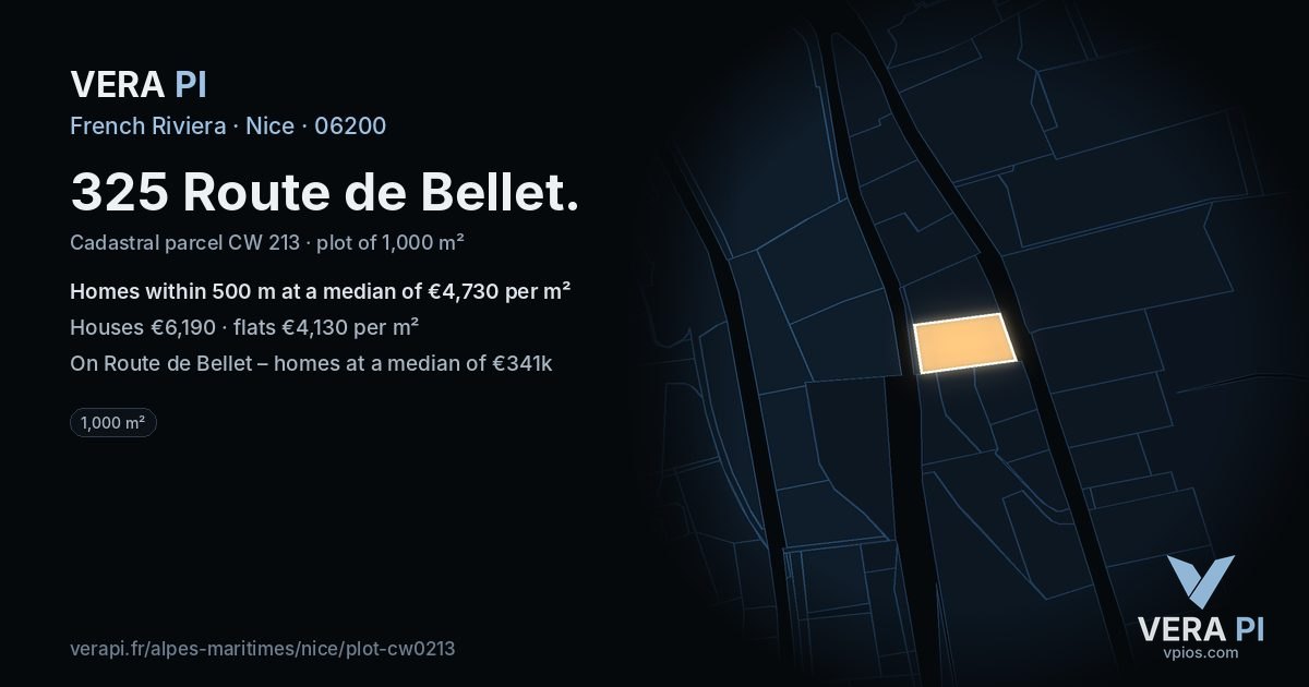 325 Route de Bellet, Nice at night – the plot lit, the parcels around coloured by the prices near them