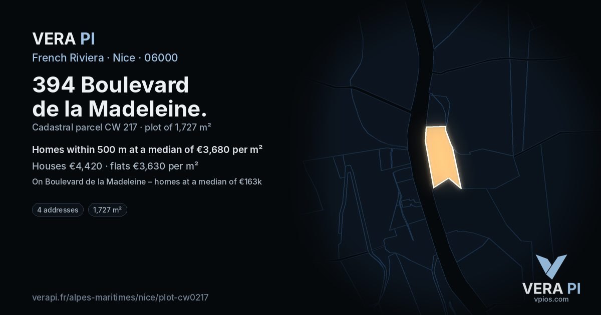 394 Boulevard de la Madeleine, Nice at night – the plot lit, the parcels around coloured by the prices near them