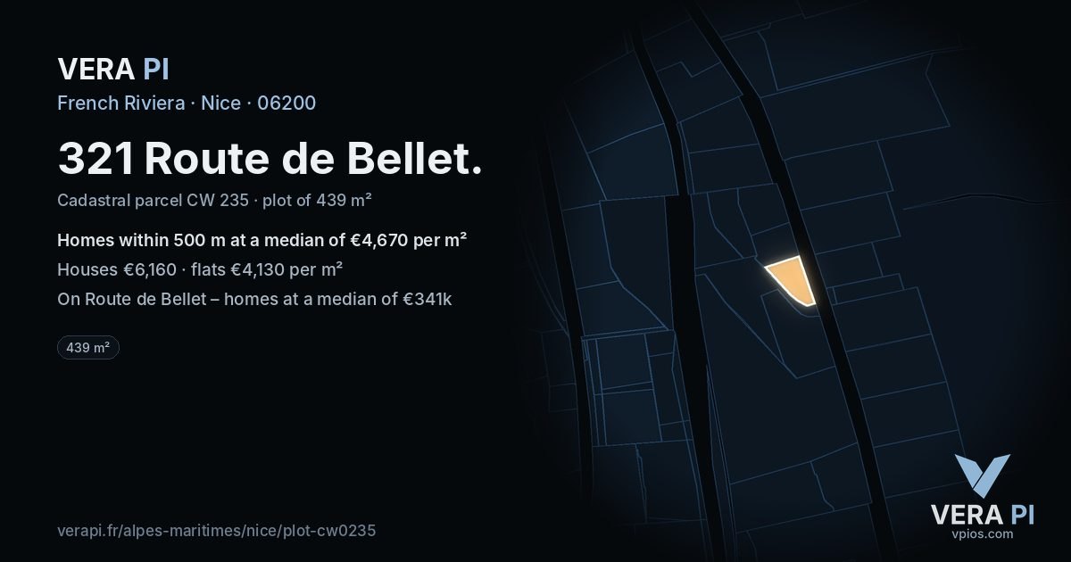 321 Route de Bellet, Nice at night – the plot lit, the parcels around coloured by the prices near them