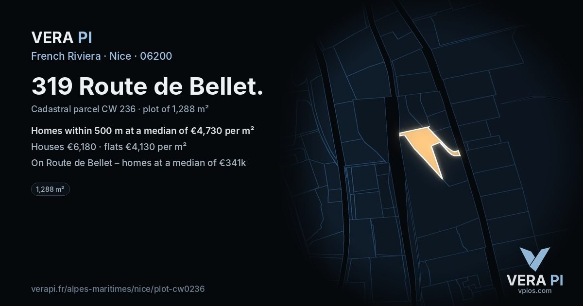 319 Route de Bellet, Nice at night – the plot lit, the parcels around coloured by the prices near them