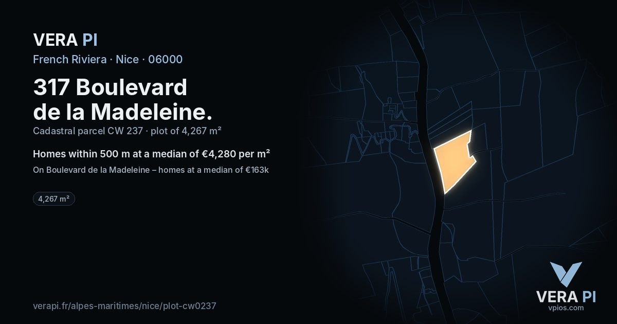 317 Boulevard de la Madeleine, Nice at night – the plot lit, the parcels around coloured by the prices near them