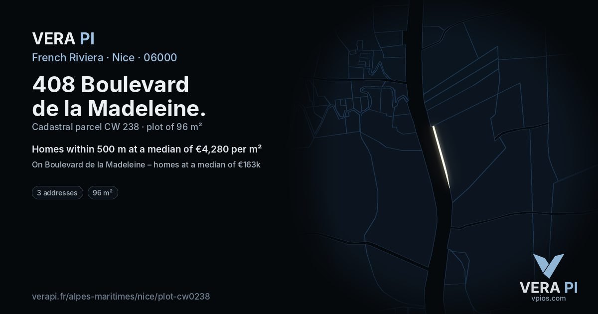 408 Boulevard de la Madeleine, Nice at night – the plot lit, the parcels around coloured by the prices near them