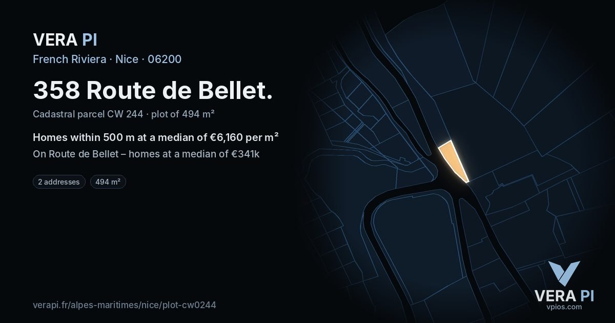 358 Route de Bellet, Nice at night – the plot lit, the parcels around coloured by the prices near them