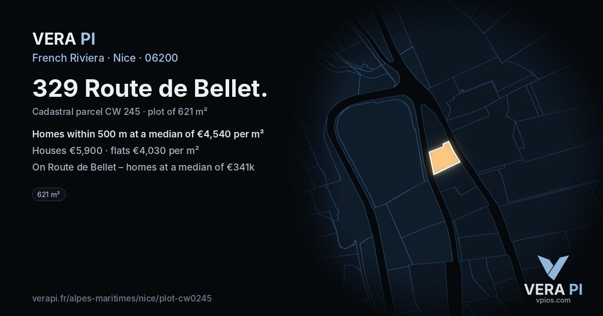 329 Route de Bellet, Nice at night – the plot lit, the parcels around coloured by the prices near them