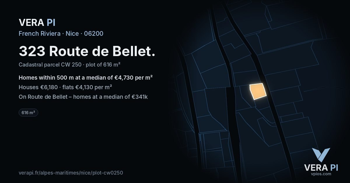 323 Route de Bellet, Nice at night – the plot lit, the parcels around coloured by the prices near them