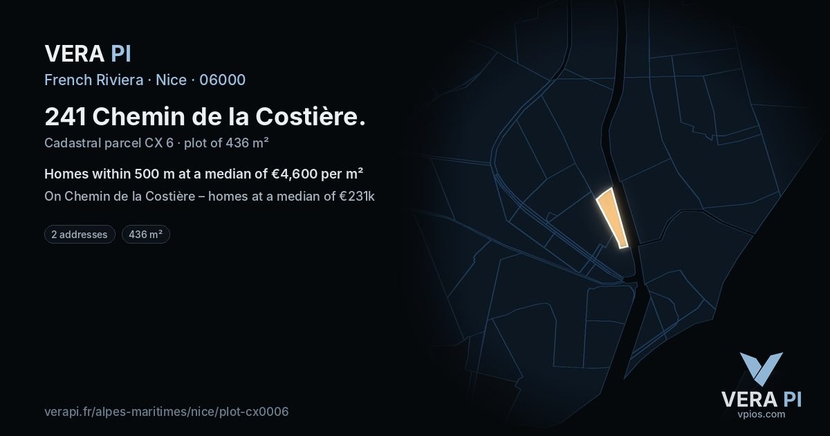 241 Chemin de la Costière, Nice at night – the plot lit, the parcels around coloured by the prices near them
