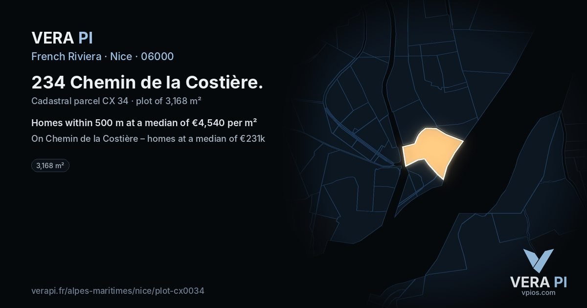 234 Chemin de la Costière, Nice at night – the plot lit, the parcels around coloured by the prices near them