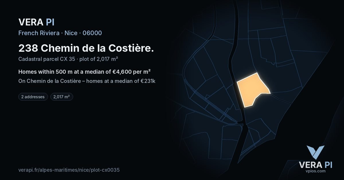 238 Chemin de la Costière, Nice at night – the plot lit, the parcels around coloured by the prices near them