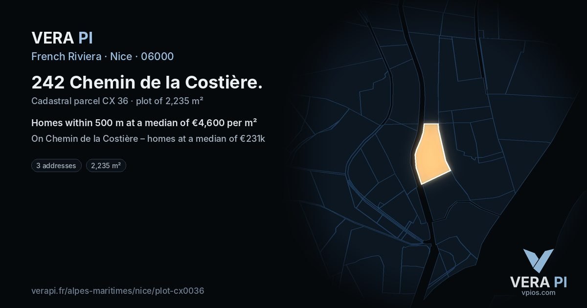 242 Chemin de la Costière, Nice at night – the plot lit, the parcels around coloured by the prices near them