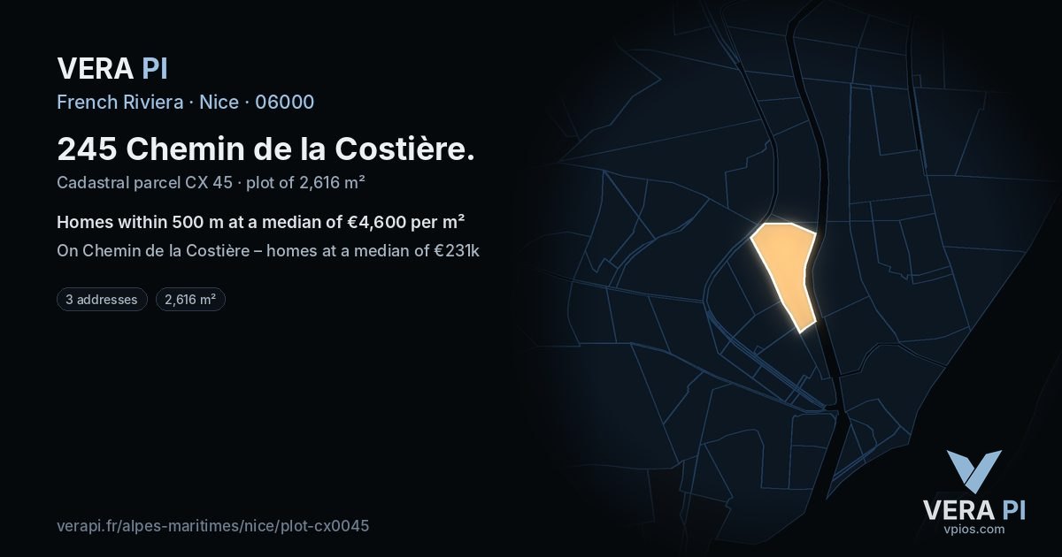 245 Chemin de la Costière, Nice at night – the plot lit, the parcels around coloured by the prices near them