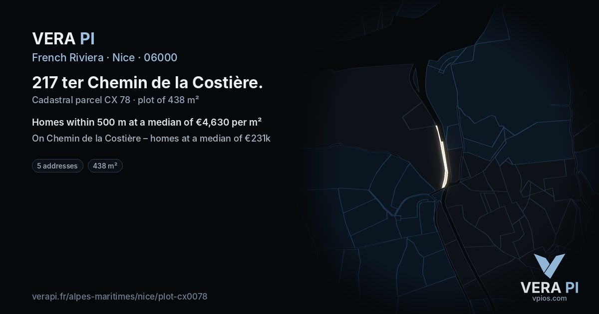 217 ter Chemin de la Costière, Nice at night – the plot lit, the parcels around coloured by the prices near them