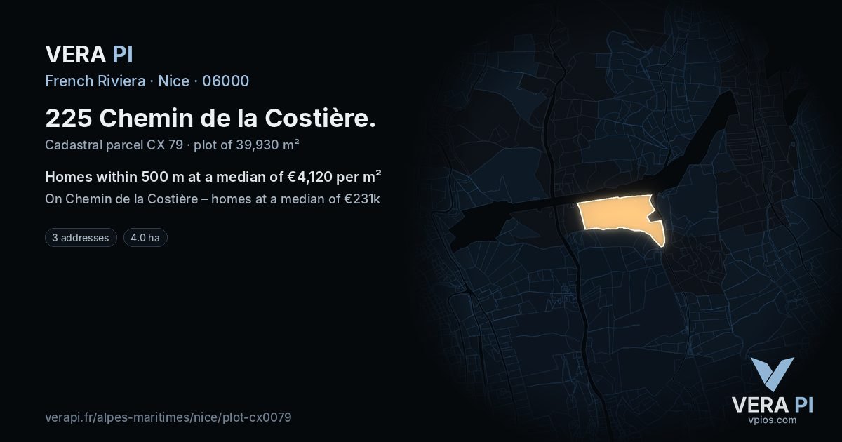 225 Chemin de la Costière, Nice at night – the plot lit, the parcels around coloured by the prices near them