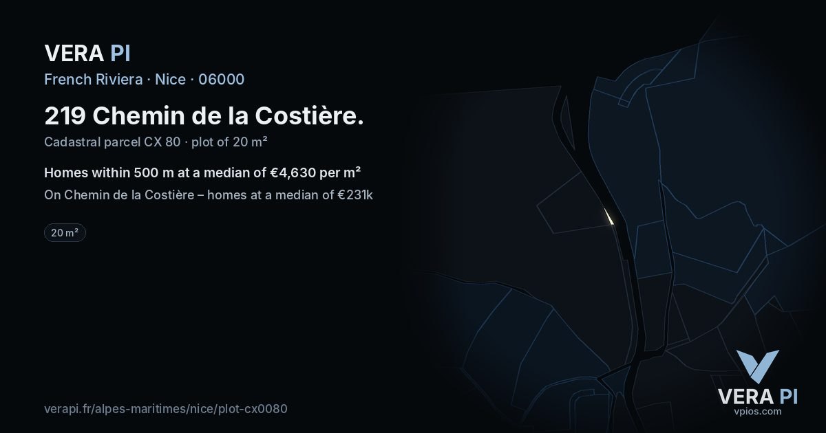 219 Chemin de la Costière, Nice at night – the plot lit, the parcels around coloured by the prices near them