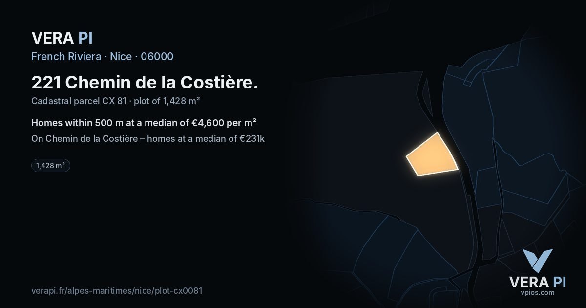 221 Chemin de la Costière, Nice at night – the plot lit, the parcels around coloured by the prices near them