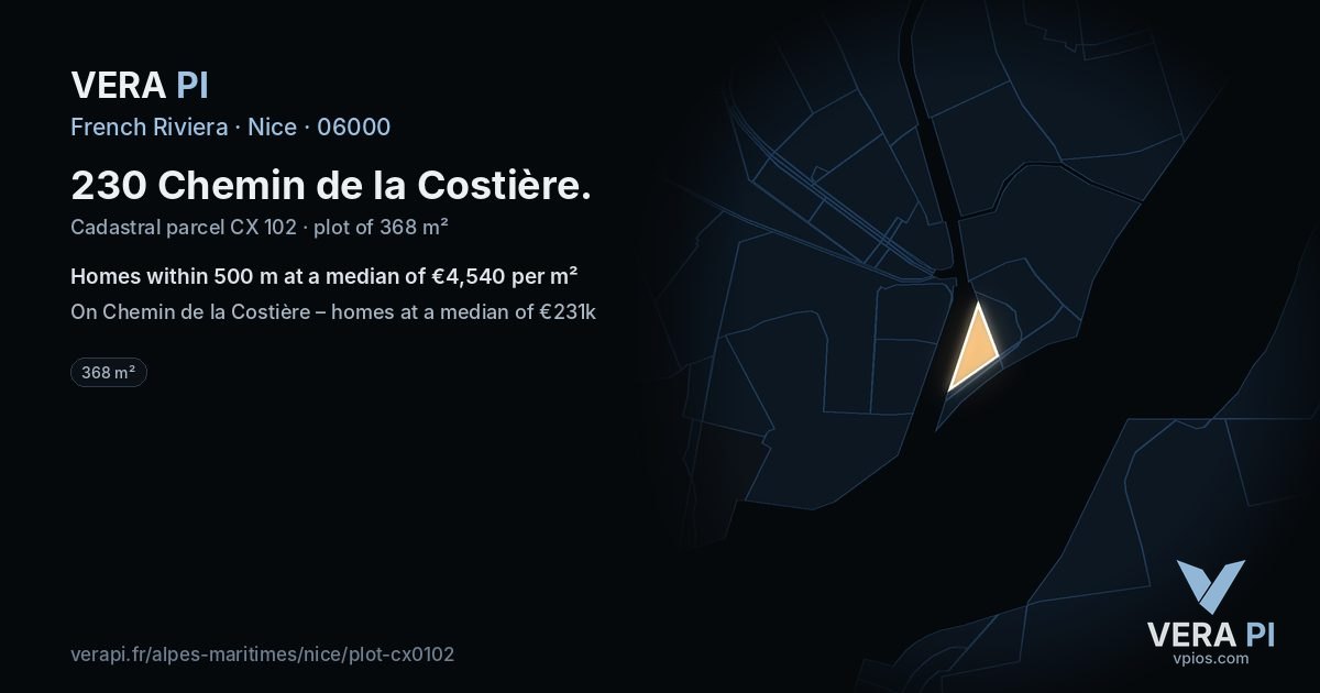 230 Chemin de la Costière, Nice at night – the plot lit, the parcels around coloured by the prices near them