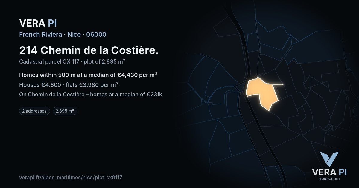214 Chemin de la Costière, Nice at night – the plot lit, the parcels around coloured by the prices near them