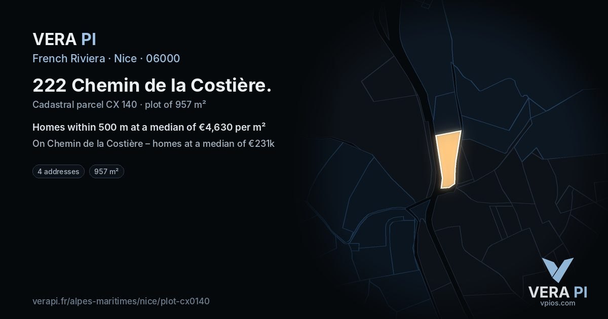 222 Chemin de la Costière, Nice at night – the plot lit, the parcels around coloured by the prices near them