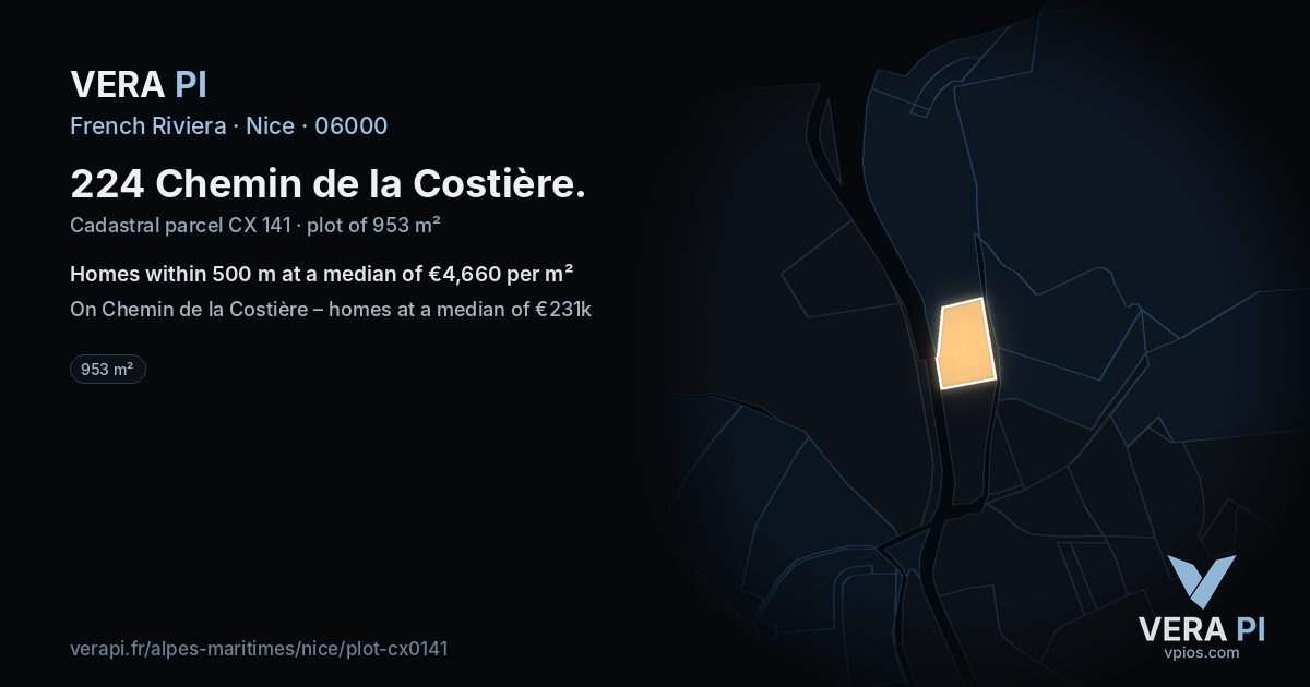 224 Chemin de la Costière, Nice at night – the plot lit, the parcels around coloured by the prices near them