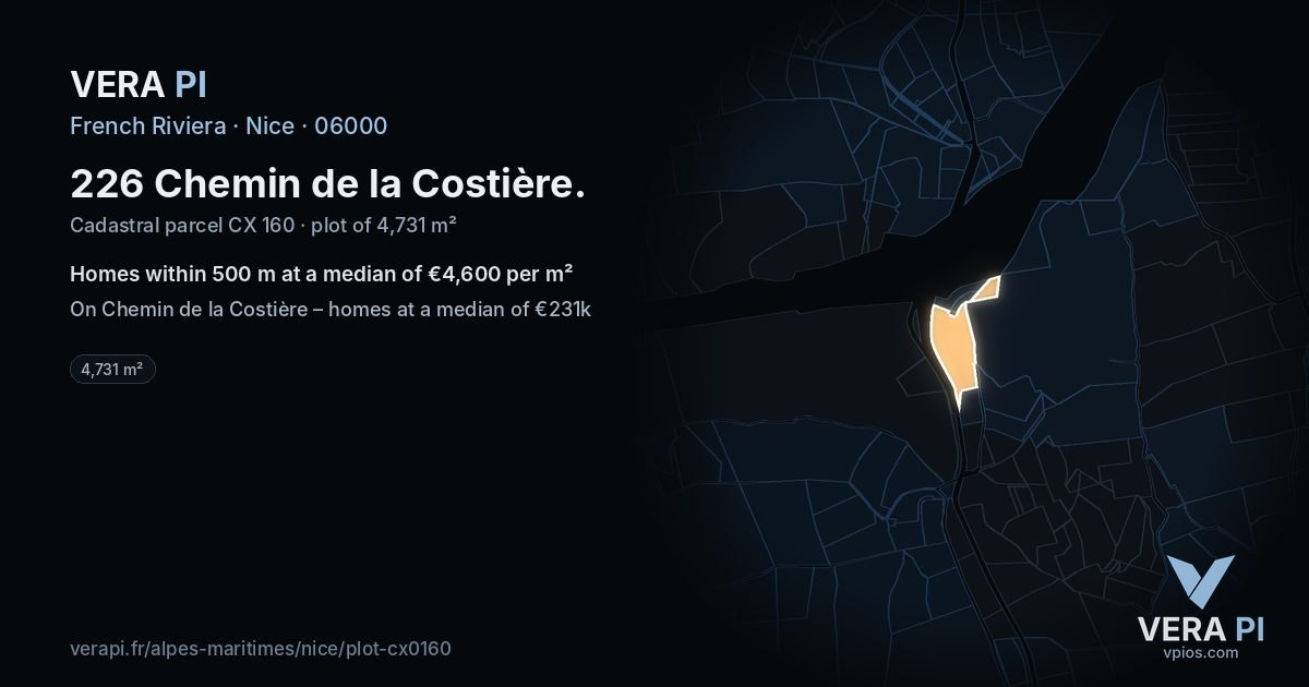226 Chemin de la Costière, Nice at night – the plot lit, the parcels around coloured by the prices near them