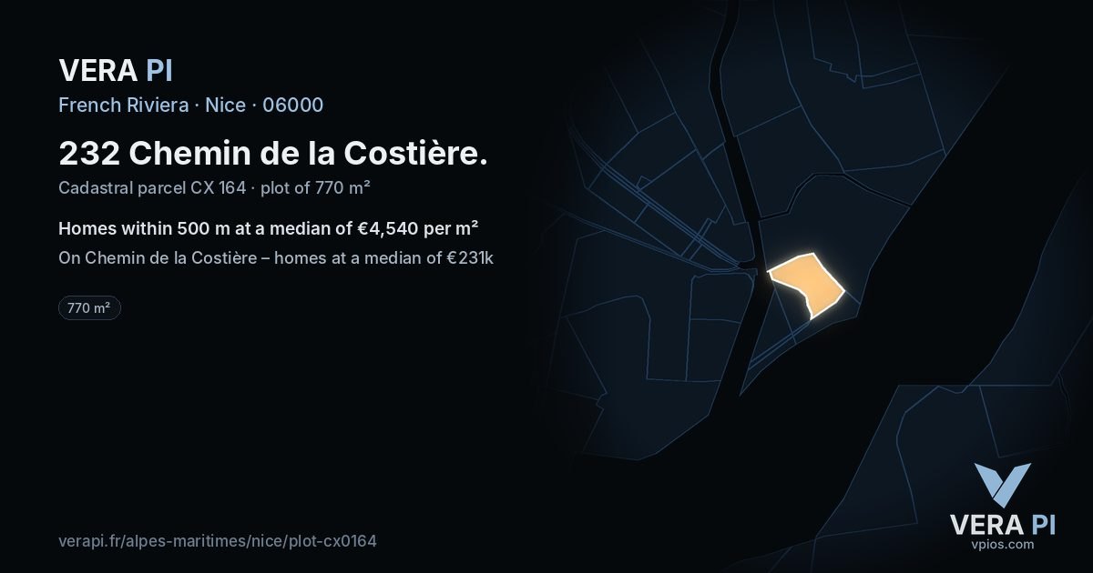 232 Chemin de la Costière, Nice at night – the plot lit, the parcels around coloured by the prices near them