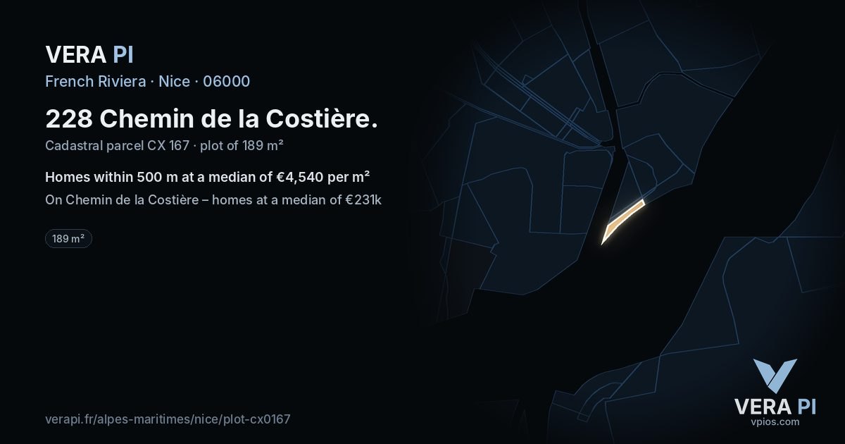 228 Chemin de la Costière, Nice at night – the plot lit, the parcels around coloured by the prices near them
