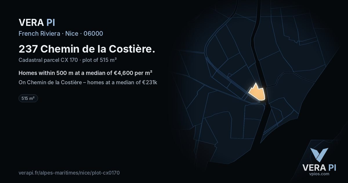 237 Chemin de la Costière, Nice at night – the plot lit, the parcels around coloured by the prices near them