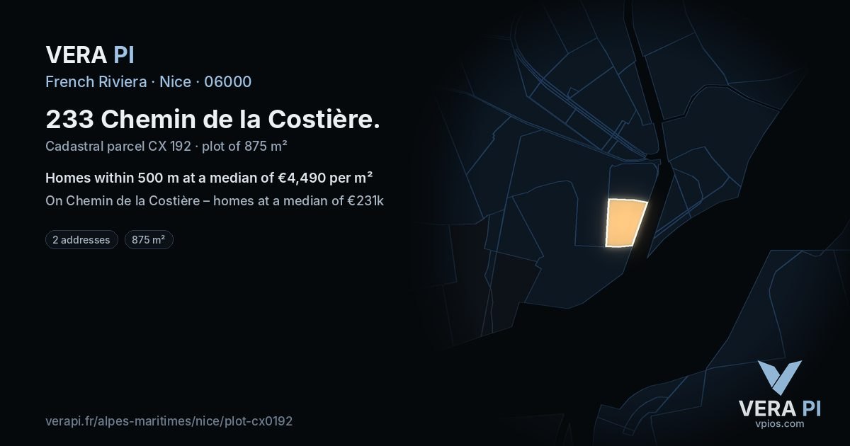 233 Chemin de la Costière, Nice at night – the plot lit, the parcels around coloured by the prices near them