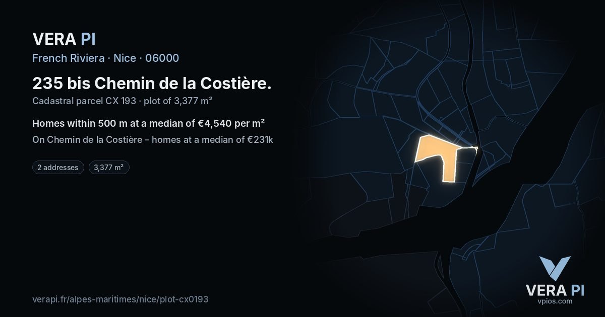 235 bis Chemin de la Costière, Nice at night – the plot lit, the parcels around coloured by the prices near them
