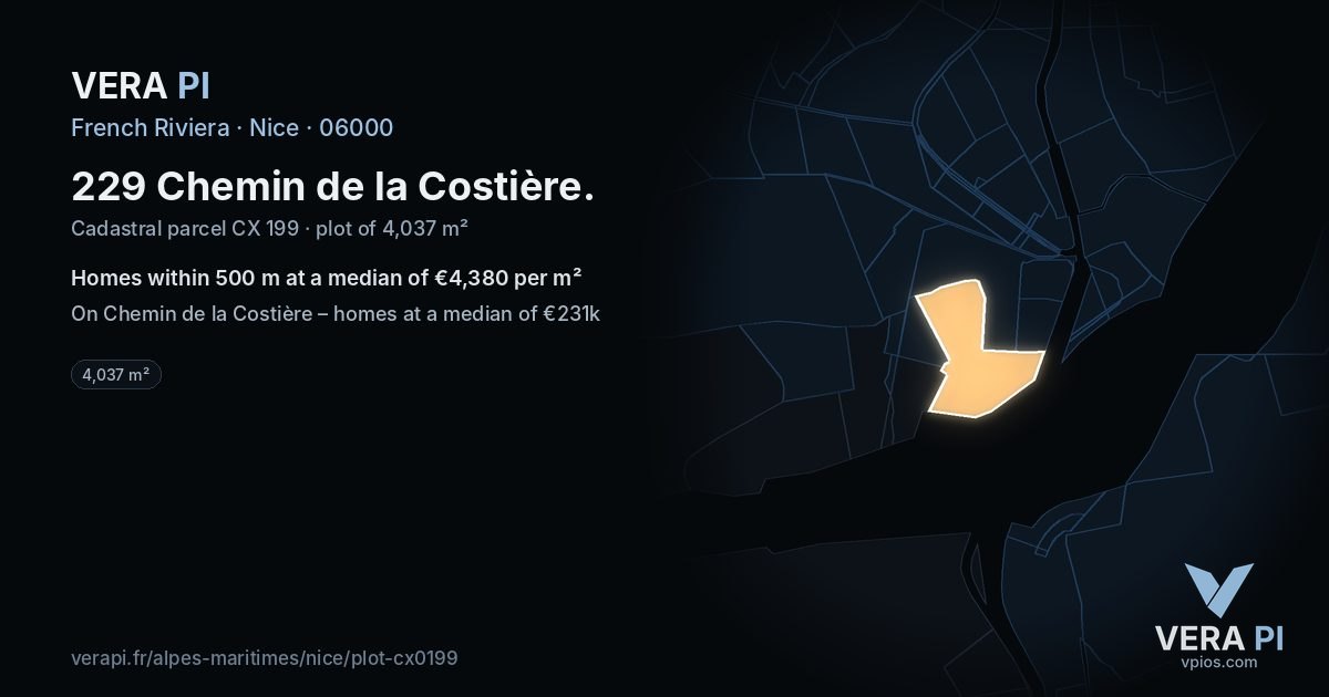 229 Chemin de la Costière, Nice at night – the plot lit, the parcels around coloured by the prices near them