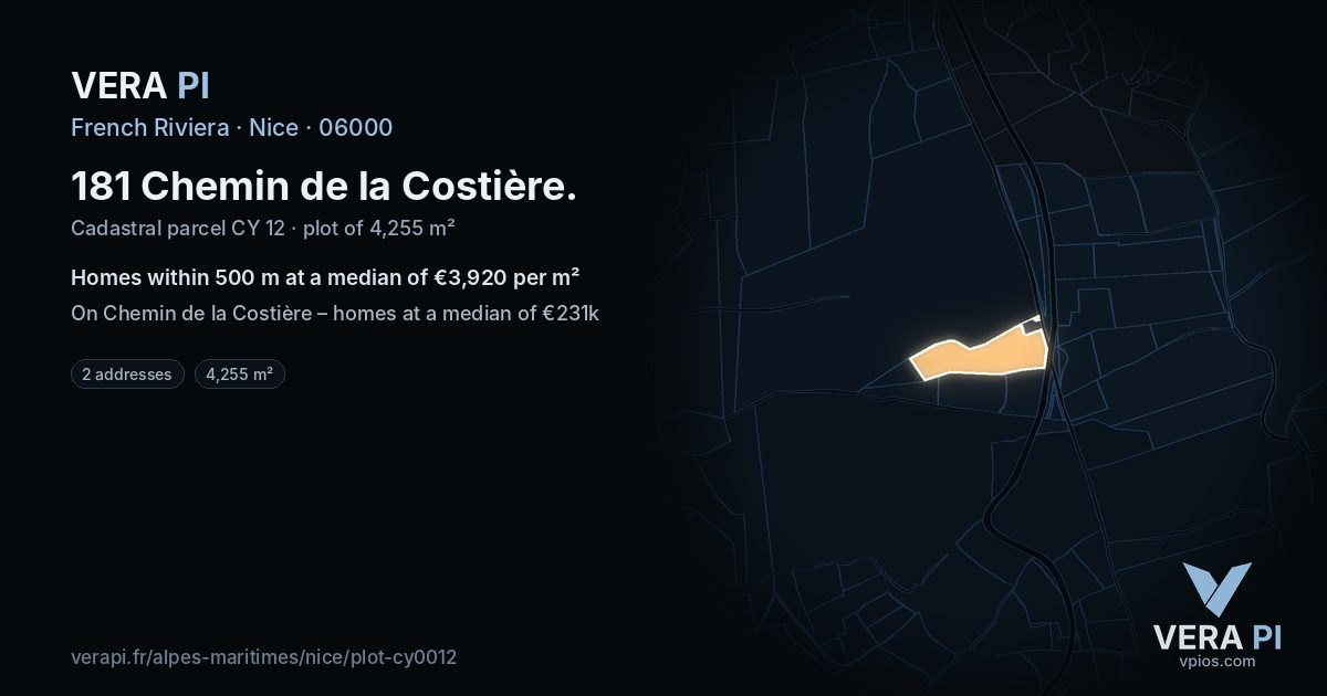 181 Chemin de la Costière, Nice at night – the plot lit, the parcels around coloured by the prices near them