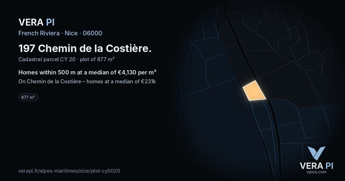 197 Chemin de la Costière, Nice at night – the plot lit, the parcels around coloured by the prices near them