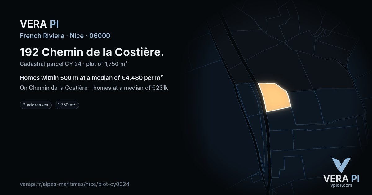 192 Chemin de la Costière, Nice at night – the plot lit, the parcels around coloured by the prices near them