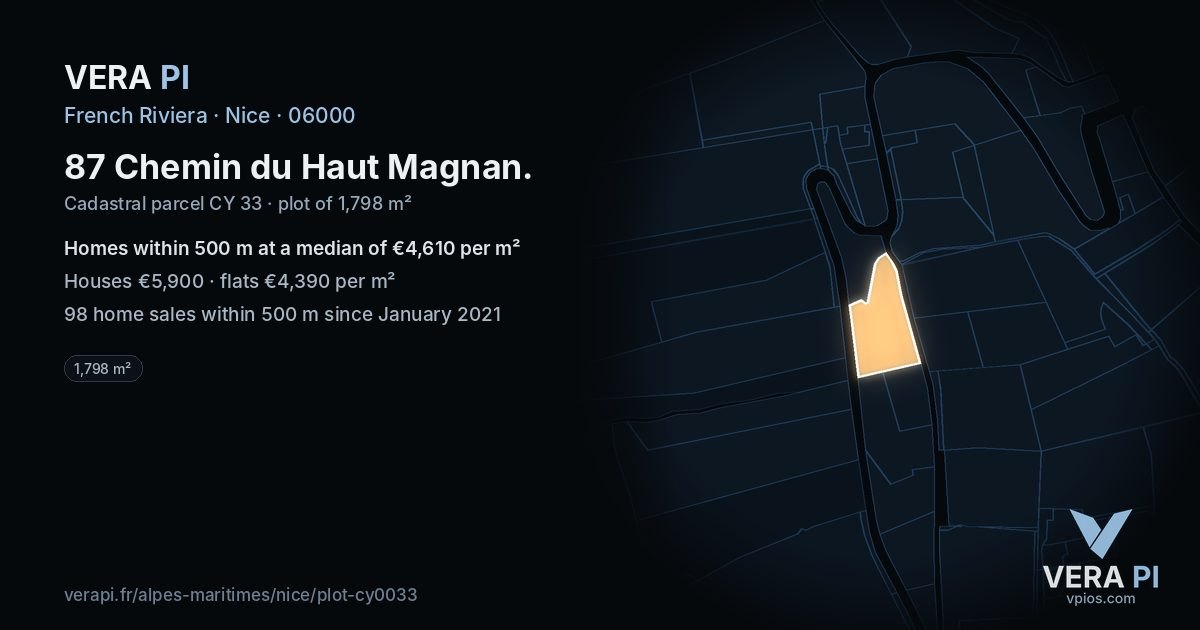 87 Chemin du Haut Magnan, Nice at night – the plot lit, the parcels around coloured by the prices near them