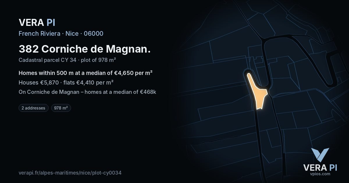382 Corniche de Magnan, Nice at night – the plot lit, the parcels around coloured by the prices near them