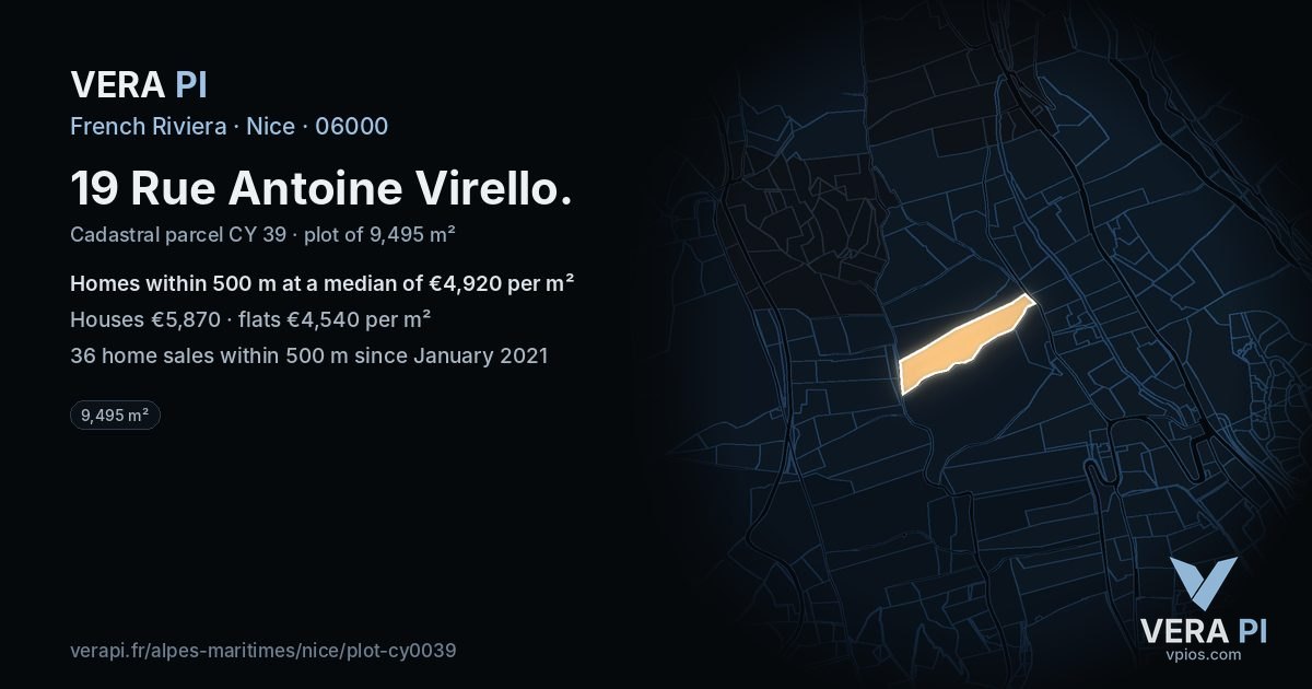 19 Rue Antoine Virello, Nice at night – the plot lit, the parcels around coloured by the prices near them