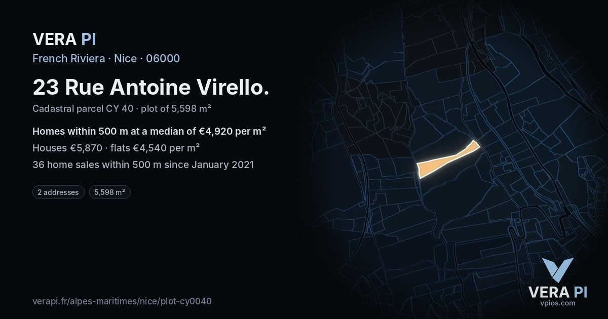 23 Rue Antoine Virello, Nice at night – the plot lit, the parcels around coloured by the prices near them
