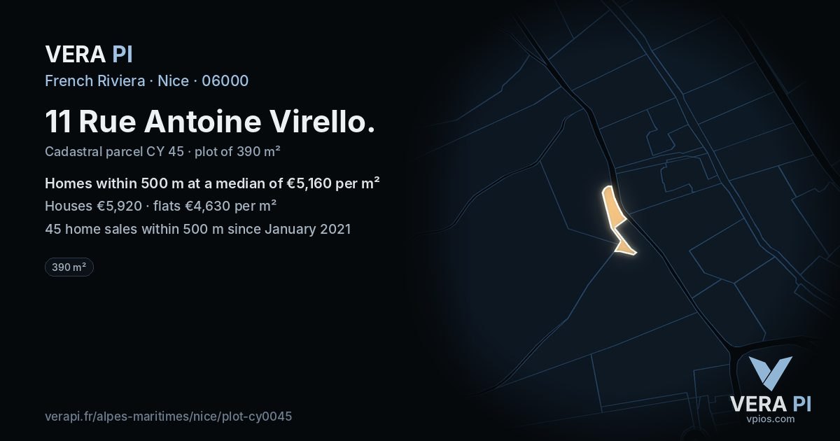 11 Rue Antoine Virello, Nice at night – the plot lit, the parcels around coloured by the prices near them