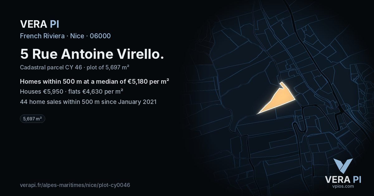 5 Rue Antoine Virello, Nice at night – the plot lit, the parcels around coloured by the prices near them