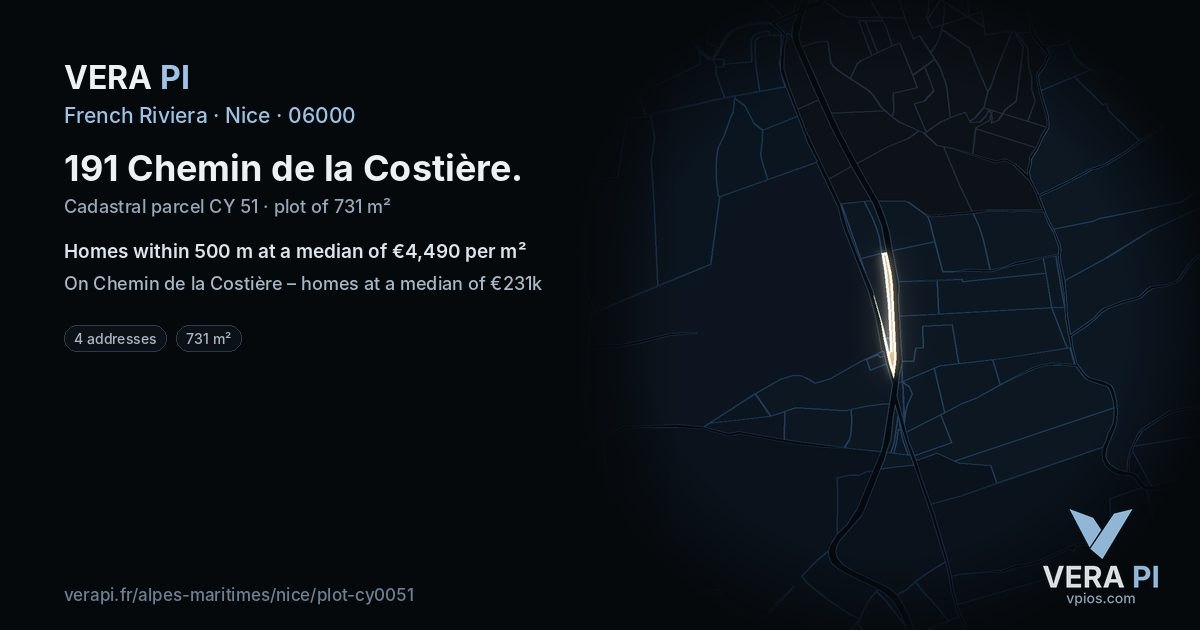 191 Chemin de la Costière, Nice at night – the plot lit, the parcels around coloured by the prices near them