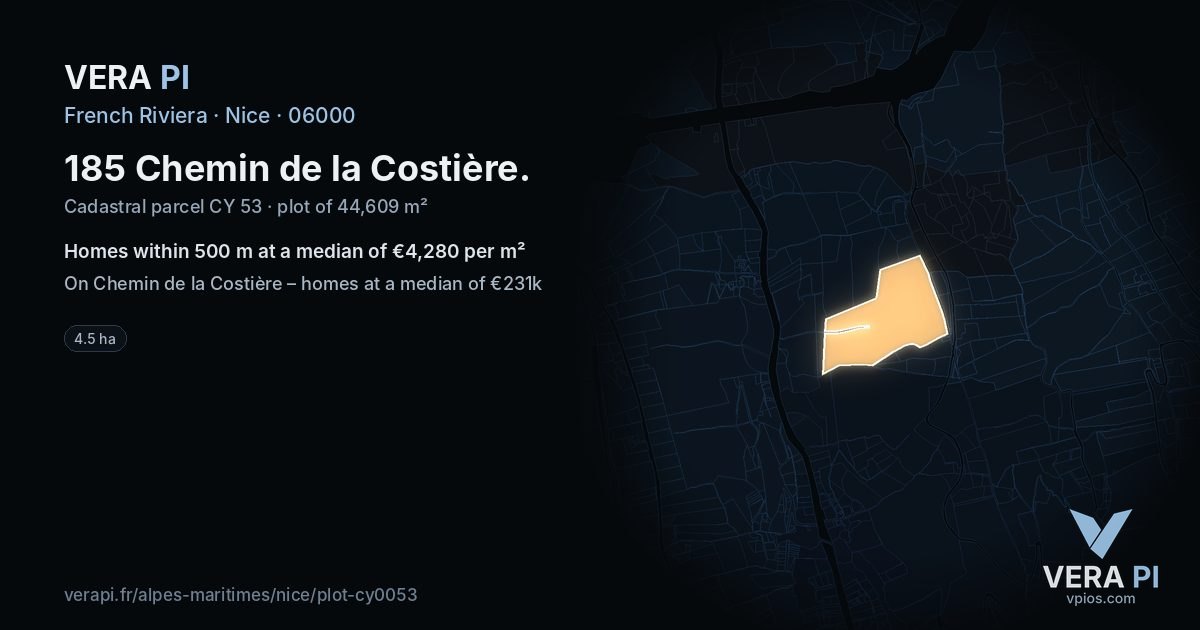 185 Chemin de la Costière, Nice at night – the plot lit, the parcels around coloured by the prices near them
