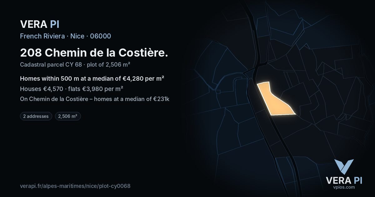 208 Chemin de la Costière, Nice at night – the plot lit, the parcels around coloured by the prices near them