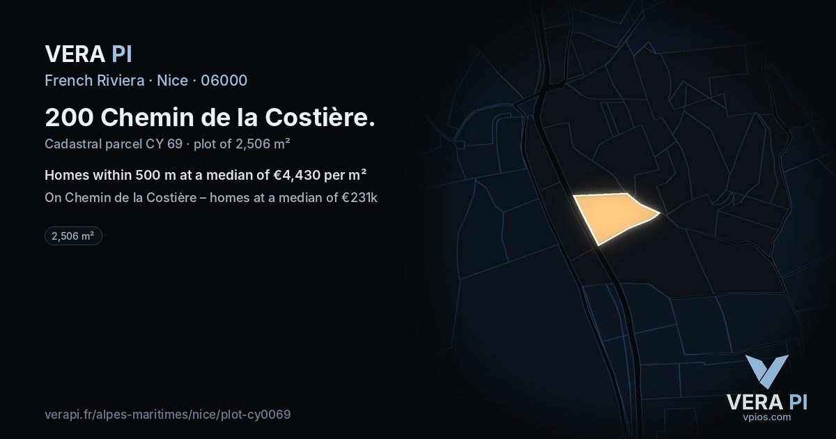200 Chemin de la Costière, Nice at night – the plot lit, the parcels around coloured by the prices near them