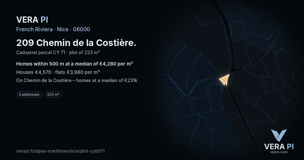 209 Chemin de la Costière, Nice at night – the plot lit, the parcels around coloured by the prices near them