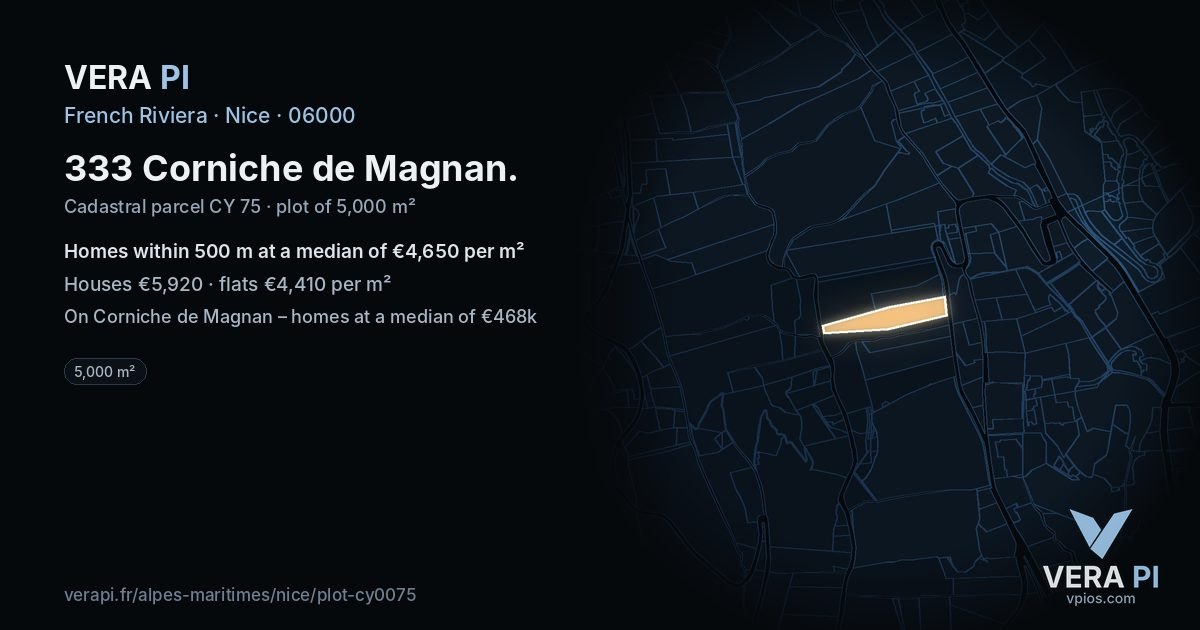 333 Corniche de Magnan, Nice at night – the plot lit, the parcels around coloured by the prices near them