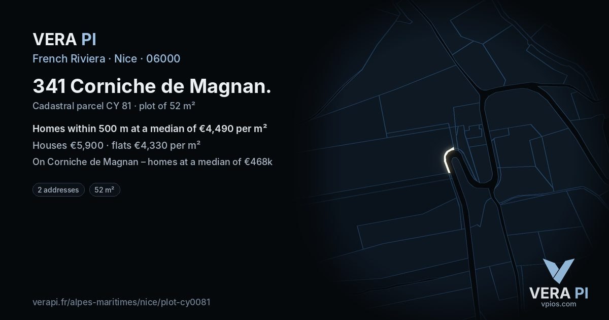 341 Corniche de Magnan, Nice at night – the plot lit, the parcels around coloured by the prices near them