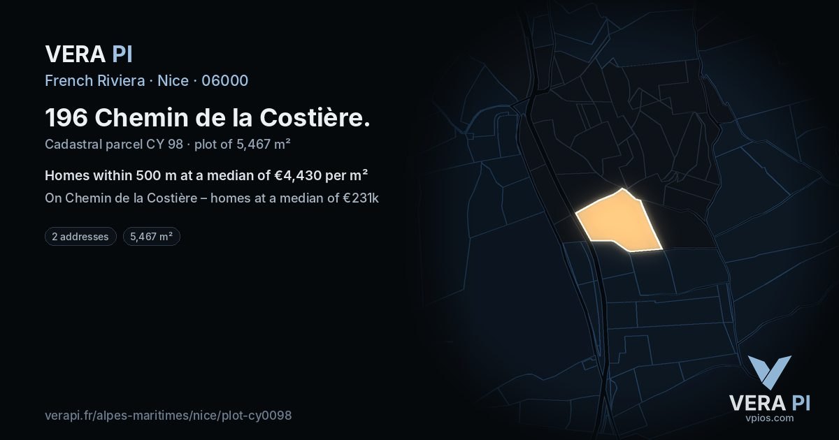 196 Chemin de la Costière, Nice at night – the plot lit, the parcels around coloured by the prices near them