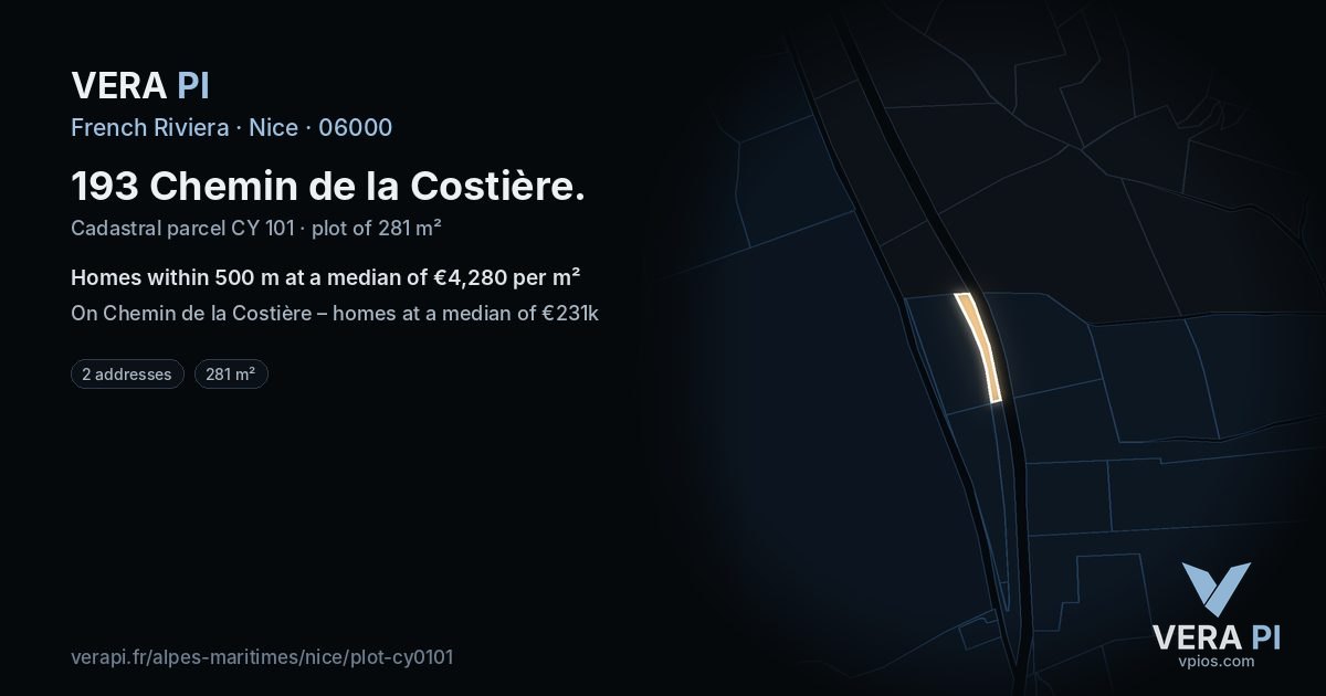 193 Chemin de la Costière, Nice at night – the plot lit, the parcels around coloured by the prices near them