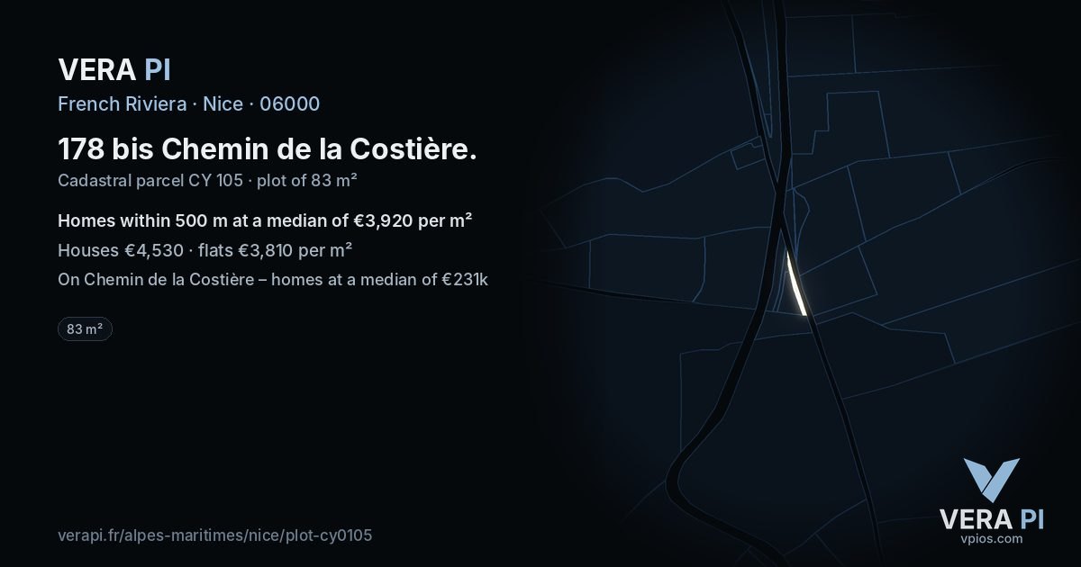 178 bis Chemin de la Costière, Nice at night – the plot lit, the parcels around coloured by the prices near them