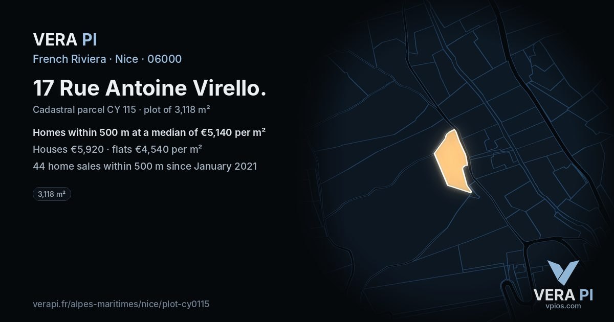 17 Rue Antoine Virello, Nice at night – the plot lit, the parcels around coloured by the prices near them