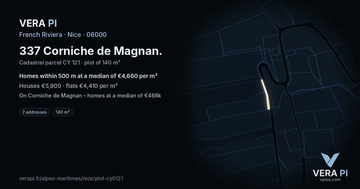 337 Corniche de Magnan, Nice at night – the plot lit, the parcels around coloured by the prices near them